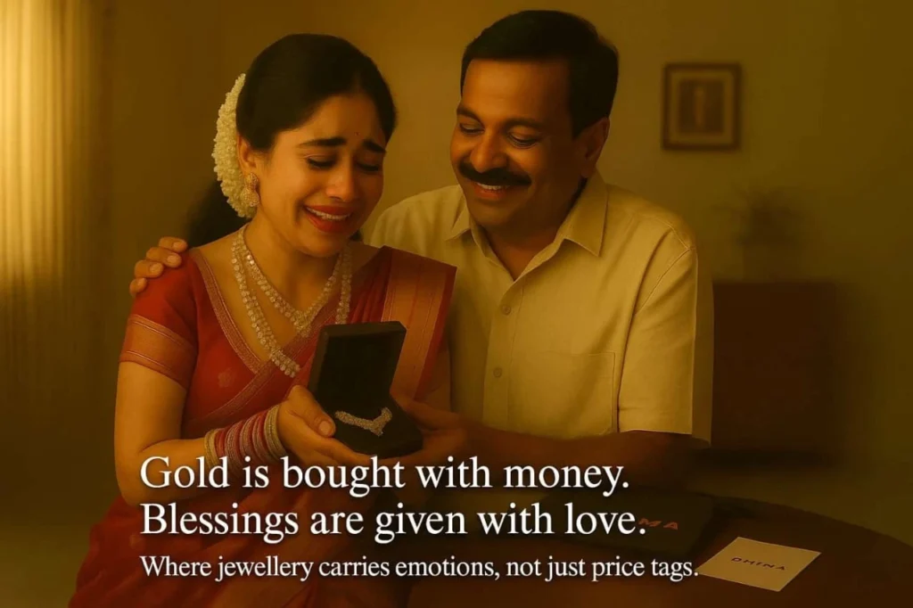 A father gifts a necklace to his daughter on her special day; he smiles as she sheds happy tears , a moment with a quote : Where jewellery carries emotions, not just price tags.