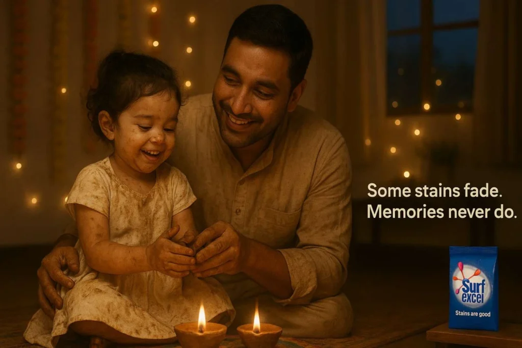 A father and his 3-year-old daughter are seated on the floor in their living room, rolling small clay balls together to make proper diyas for Deepavali. The child’s tiny hands are covered in clay, and her face is glowing with excitement as she shapes a lamp. The father smiles warmly, gently guiding her fingers. Two lit diyas glow softly in front of them, casting a warm golden light on their faces. This brand is a clear example of power of emotional marketing, with a quote : Some stains fade. Memories never do.