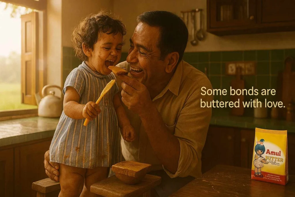 A 2-year-old child standing on a tool in the kitchen where her grandfather hold the stool ,giggling as he and her tiny hand holds  spreads Amul butter on freshly toasted brown bread. 
Grandfather feeds her the first bite, her tiny hands holding onto his fingers. This brand shows the power emotional marketing ,  Including a quote : Some bonds are buttered with love.